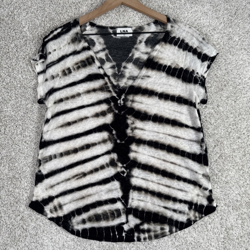 LNA Black and White Tie-Dye Short Sleeve V-Neck Tee